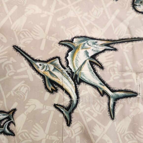 Hook Tackle Hawaiian Shirt Mens XL Cream All Over Fish Print 100% Cotton Beach - Picture 5 of 12